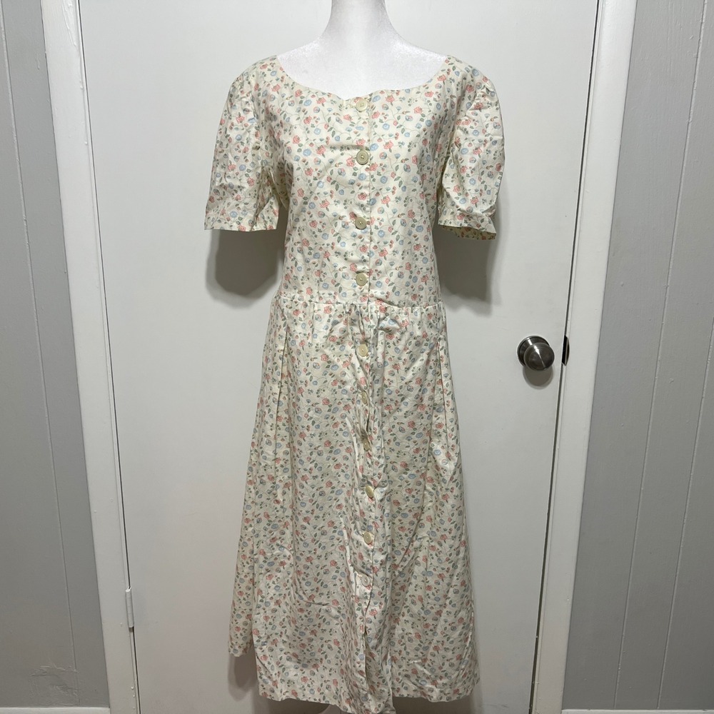 Womens Floral Prairie Dress Size 18/20 Button Front Midi Peasant Cottage Vintage